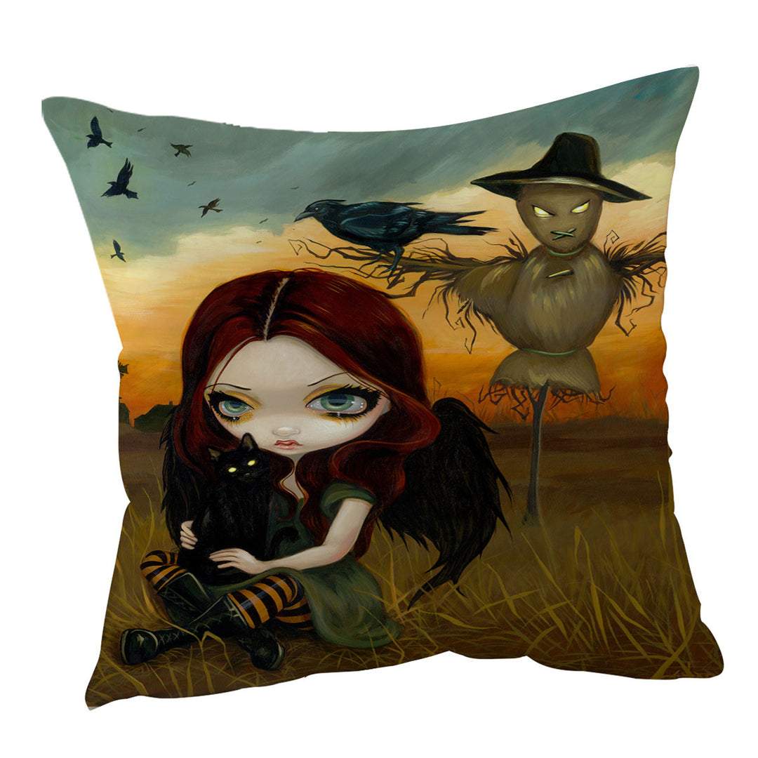 Scary Throw Pillow Autumn the Scarecrow and Crow Winged Girl