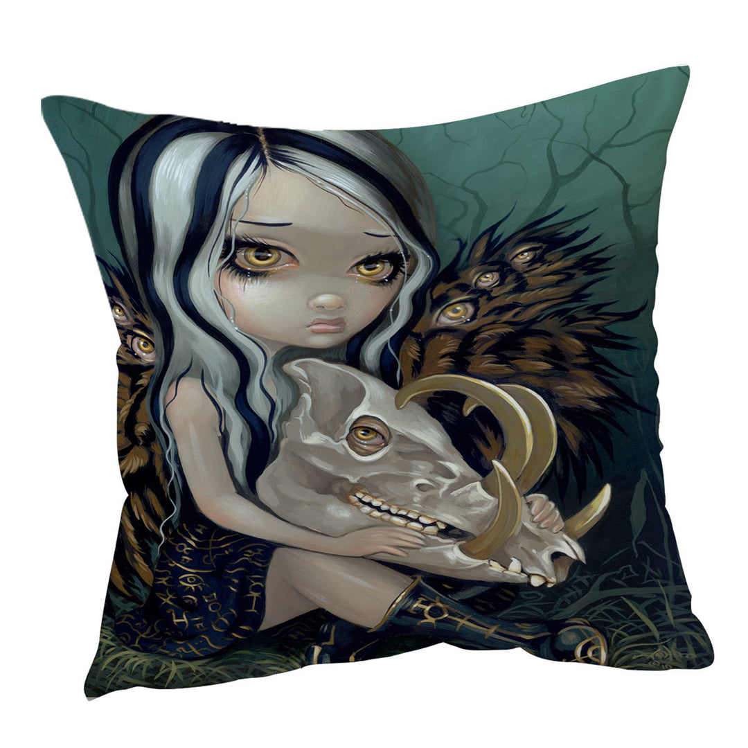 Scary Throw Pillows Fantasy Art Girl and Babirusa Skull