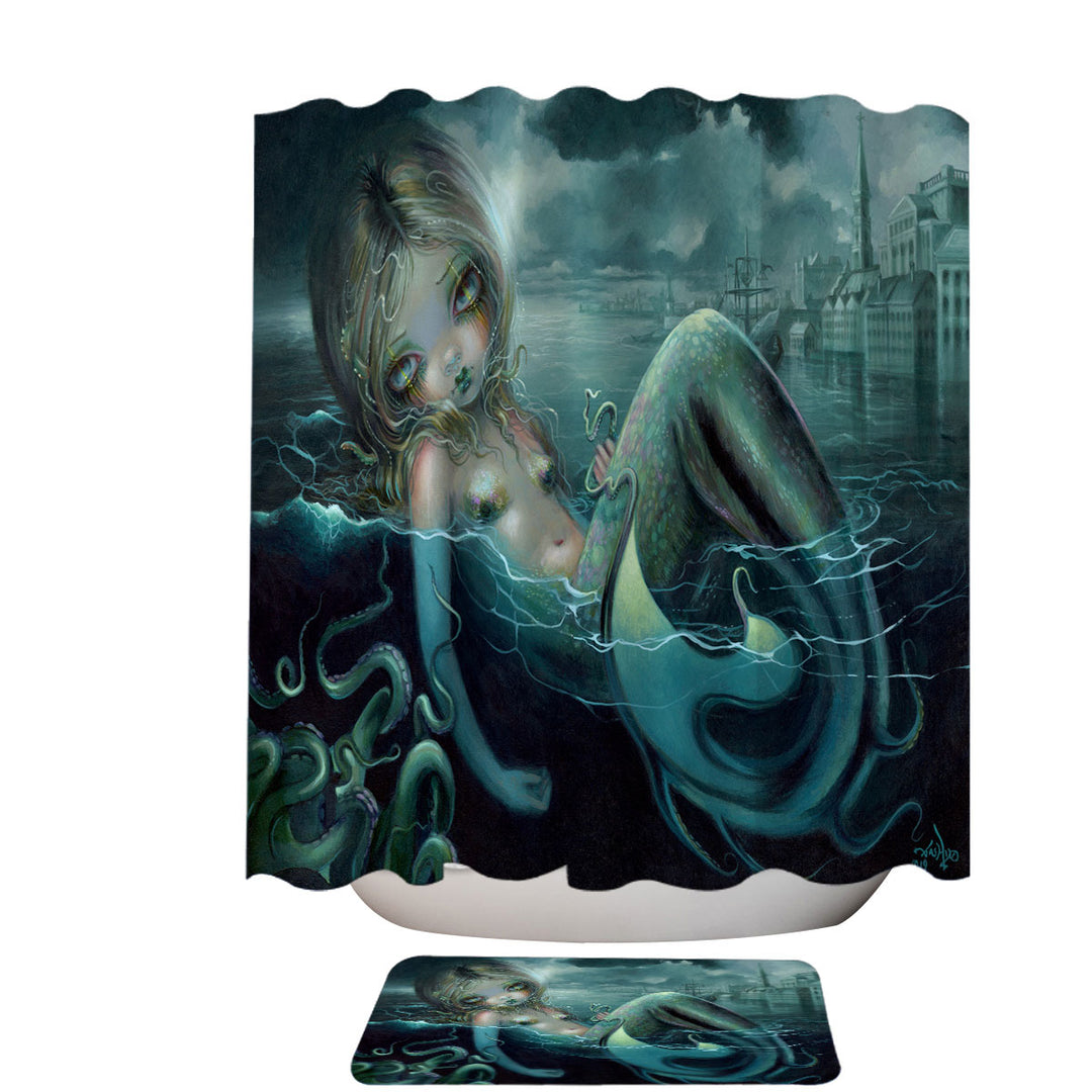 Scary Underwater Art Innsmouth Mermaid Fabric Shower Curtains