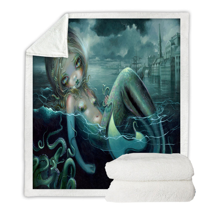 Scary Underwater Art Innsmouth Mermaid Fleece Blankets