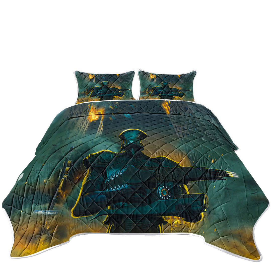 Science Fiction Art Robots City Invasion Coverlet