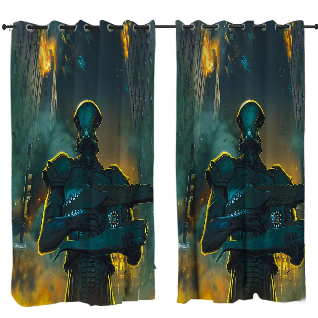 Science Fiction Art Robots City Invasion Curtains