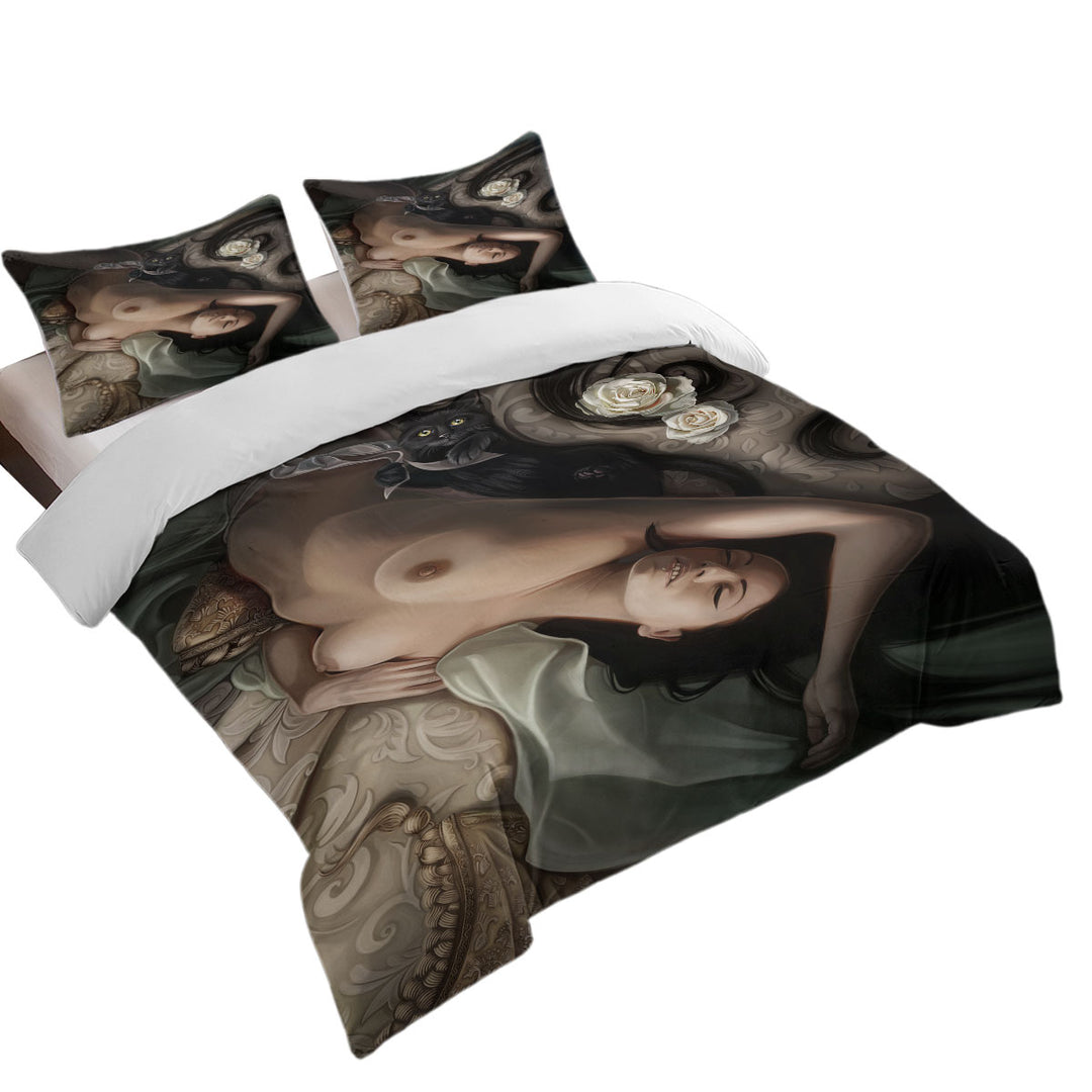 Sexy Art Black Cat and Sleeping Beautiful Woman Duvet Covers King