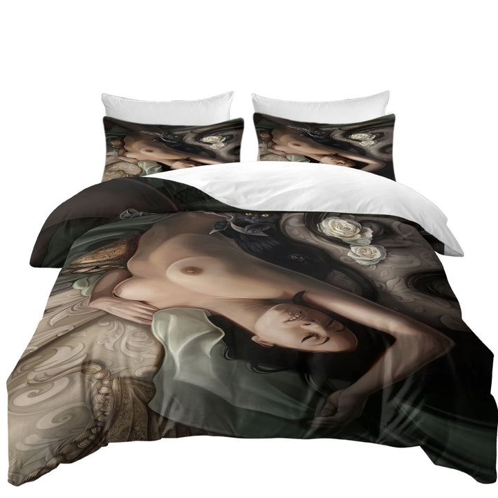 Sexy Art Black Cat and Sleeping Beautiful Woman Good Duvet Covers