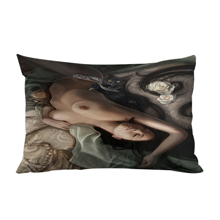 Sexy Art Black Cat and Sleeping Beautiful Woman Pillowcase