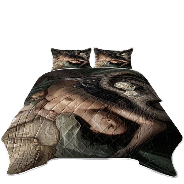 Sexy Art Black Cat and Sleeping Beautiful Woman Twin Quilt