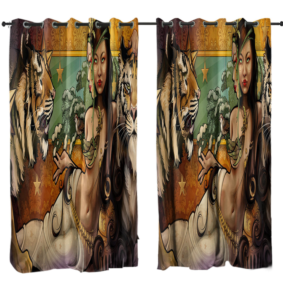 Sexy Princess Woman and her Tigers Drapes for Living Room