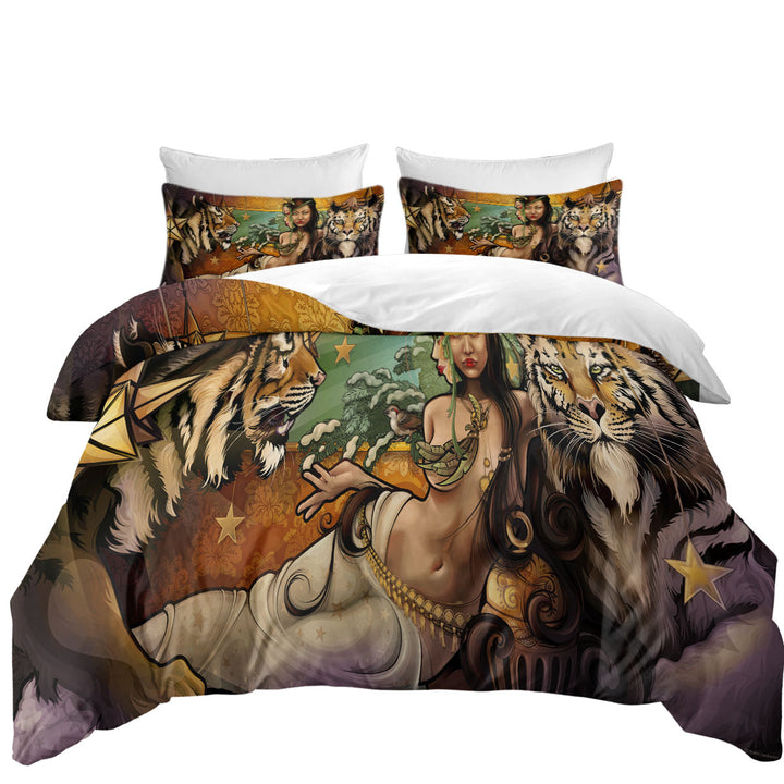 Sexy Princess Woman and her Tigers full Size Duvet Cover