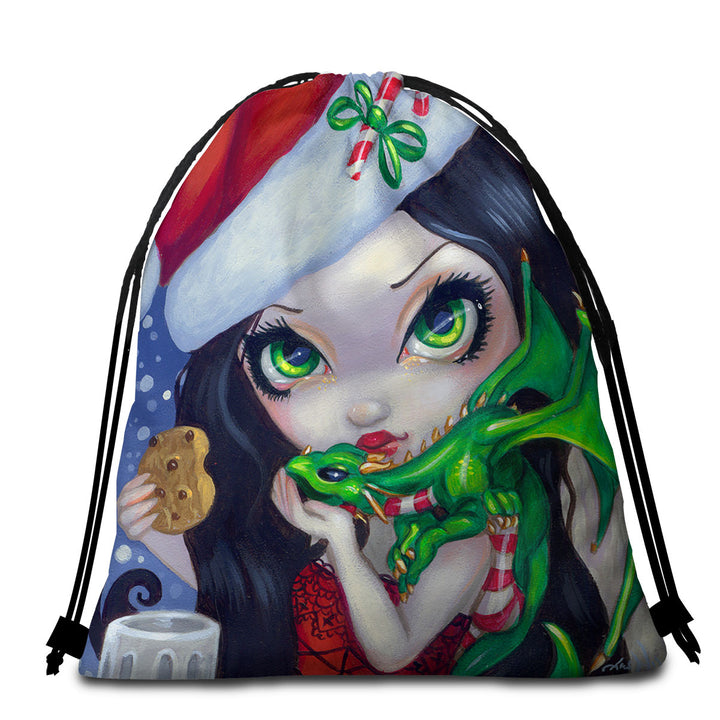 Sexy Santa Beach Towel Bags Faces of Faery _132 Sexy Santa Girl with Dragonling