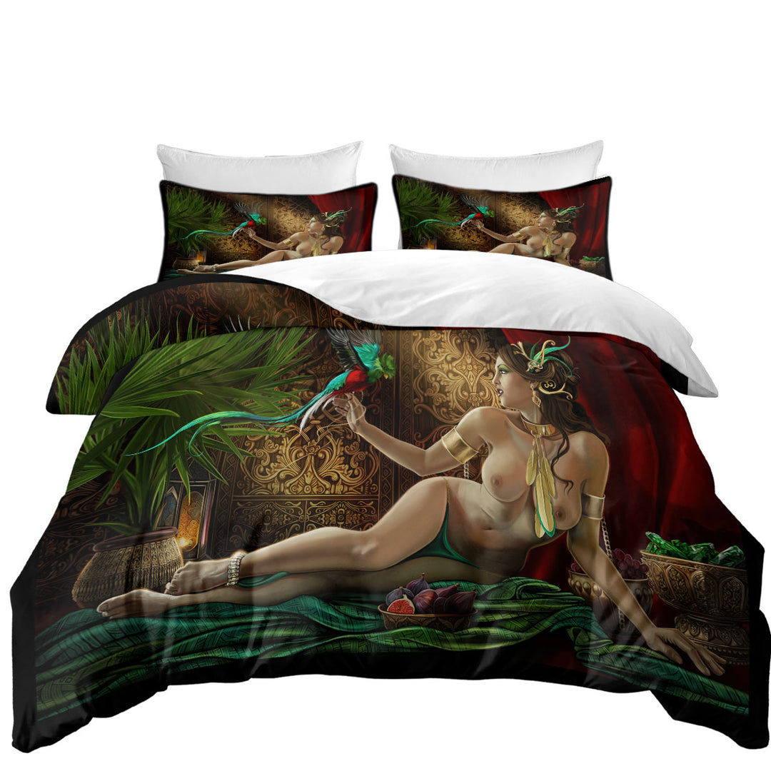 Sexy Woman and Treasured Birds King Size Duvet Cover