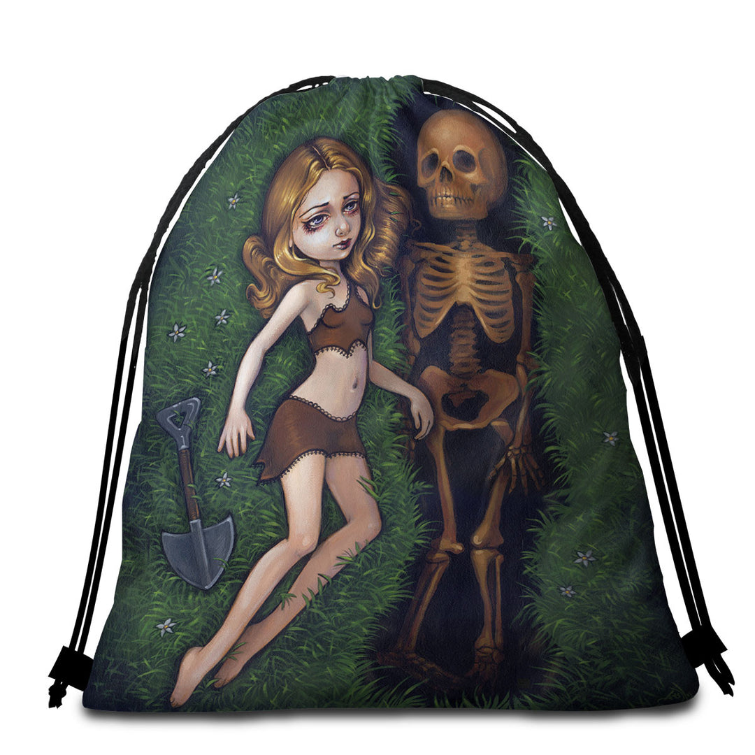 Shallow Grave Melancholy Crying Girl and Skeleton Beach Towel Bags