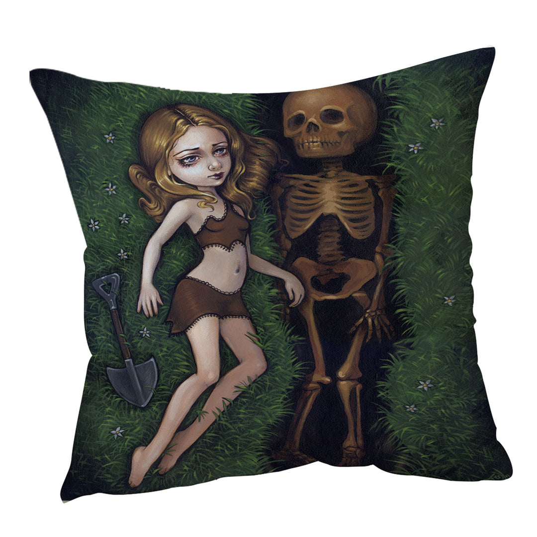 Shallow Grave Melancholy Crying Girl and Skeleton Cushion Cover