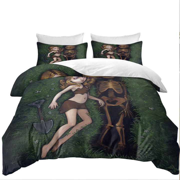 Shallow Grave Melancholy Crying Girl and Skeleton Duvet Cover Queen