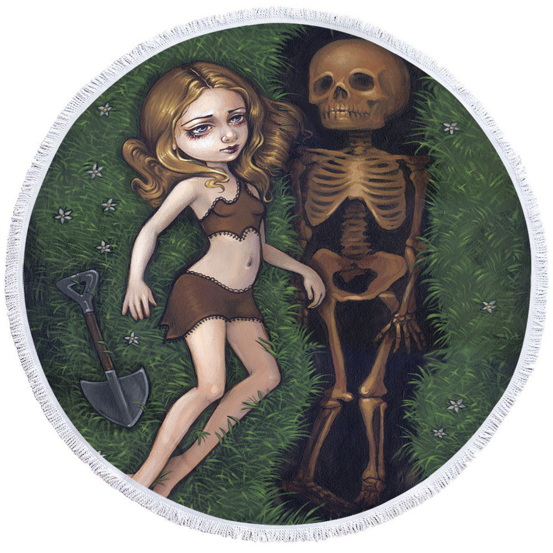 Shallow Grave Melancholy Crying Girl and Skeleton Round Beach Towel