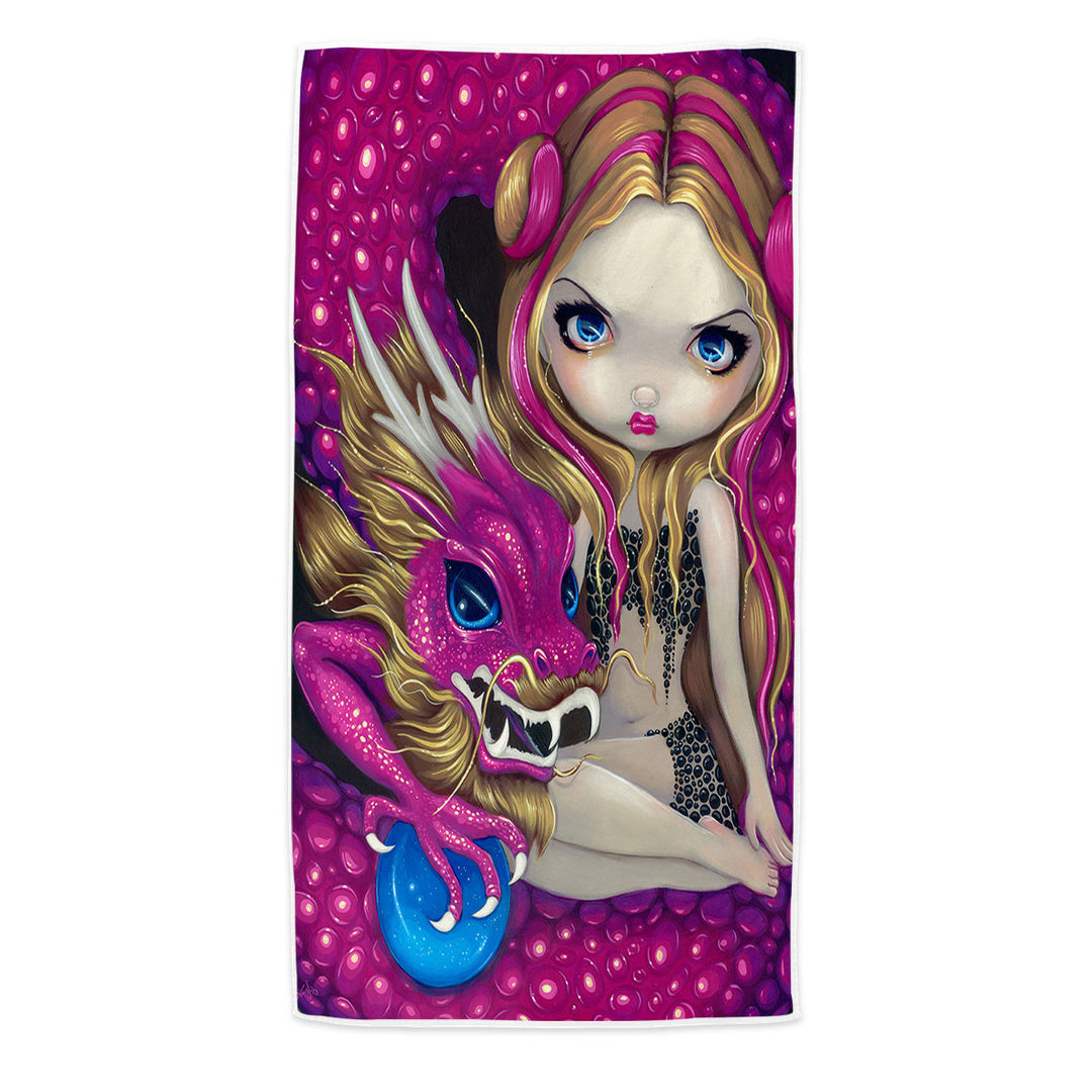 Shimmering Pink Dragon and Beautiful Big Eyed Girl Beach Towel