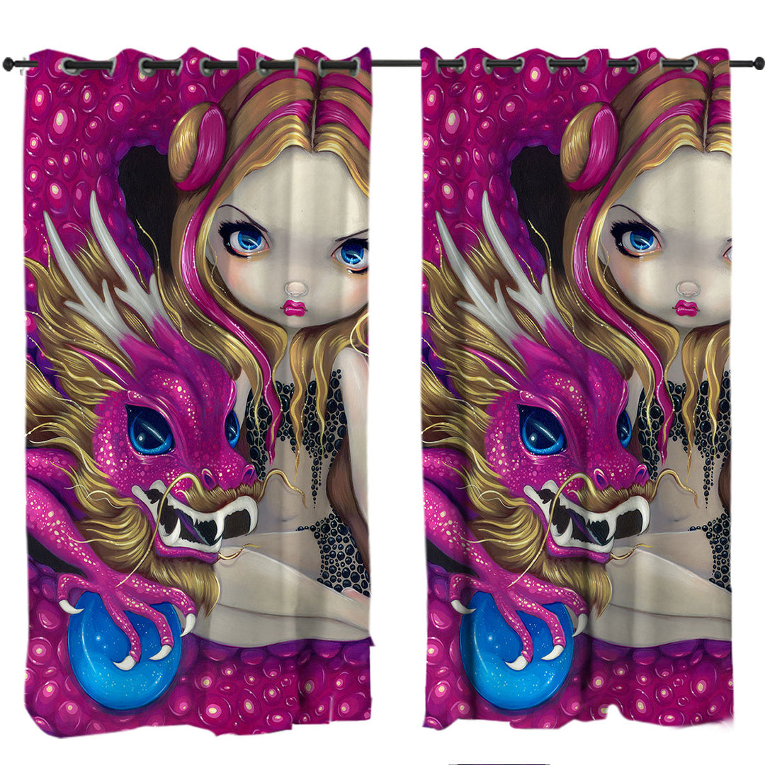 Shimmering Pink Dragon and Beautiful Big Eyed Girl Curtain