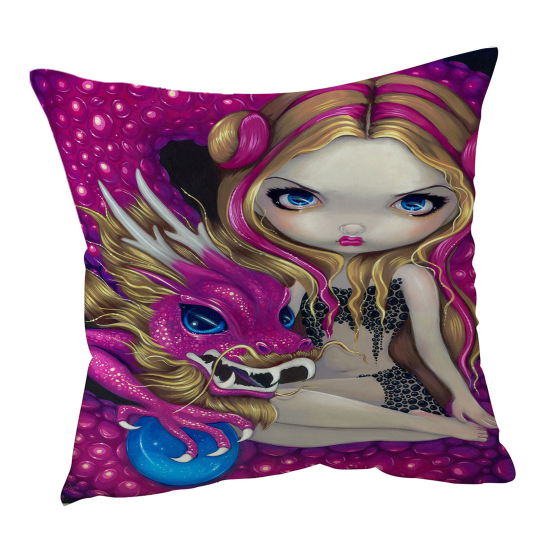 Shimmering Pink Dragon and Beautiful Big Eyed Girl Cushions