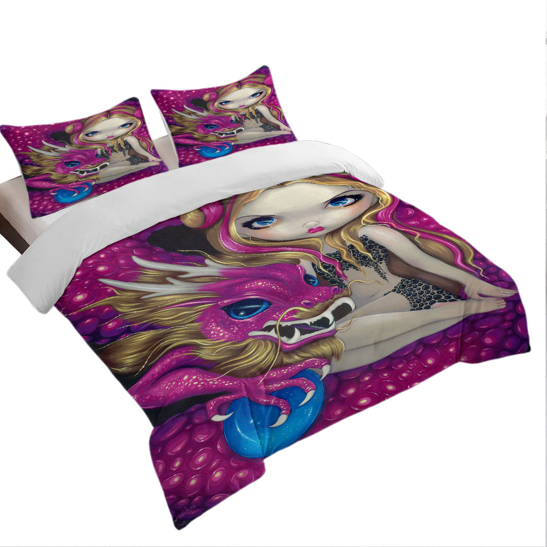 Shimmering Pink Dragon and Beautiful Big Eyed Girl Duvet Cover Queen