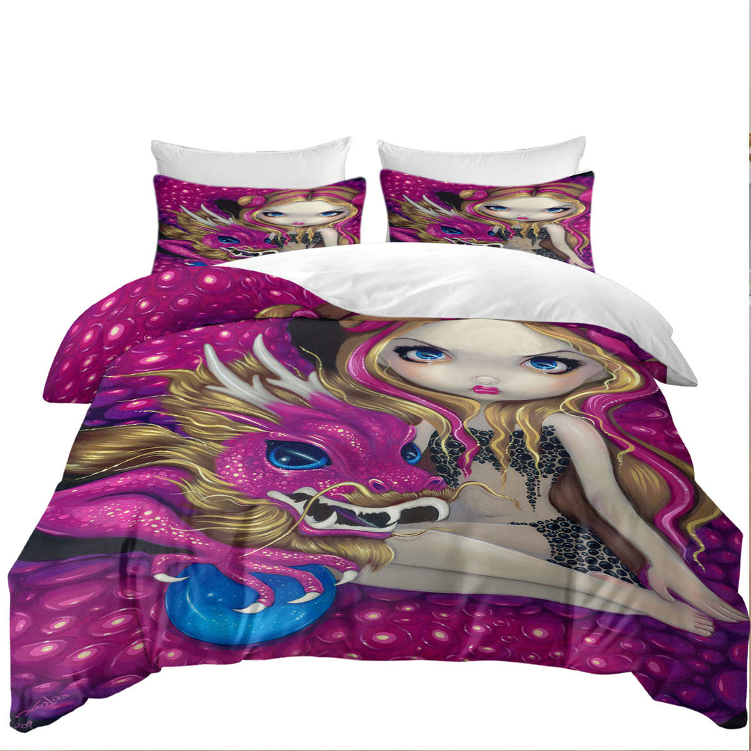 Shimmering Pink Dragon and Beautiful Big Eyed Girl Duvet Covers King