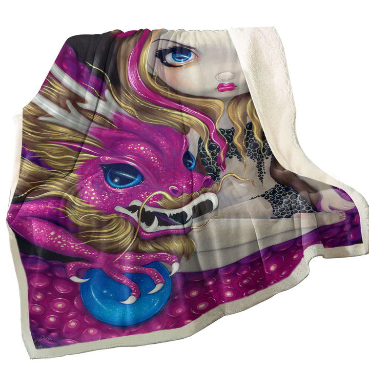 Shimmering Pink Dragon and Beautiful Big Eyed Girl Lightweight Blankets