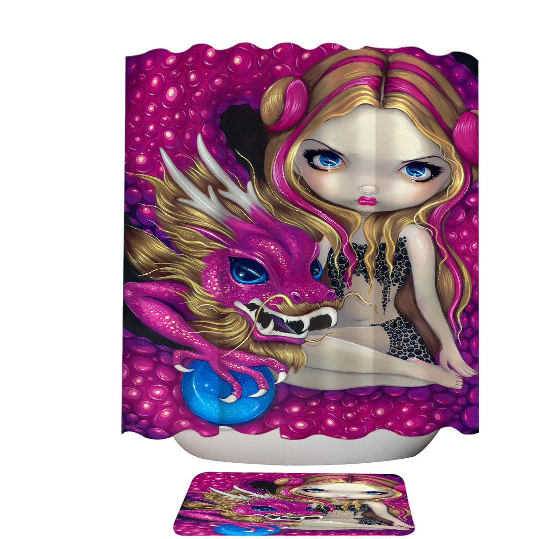 Shimmering Pink Dragon and Beautiful Big Eyed Girl Shower Curtains