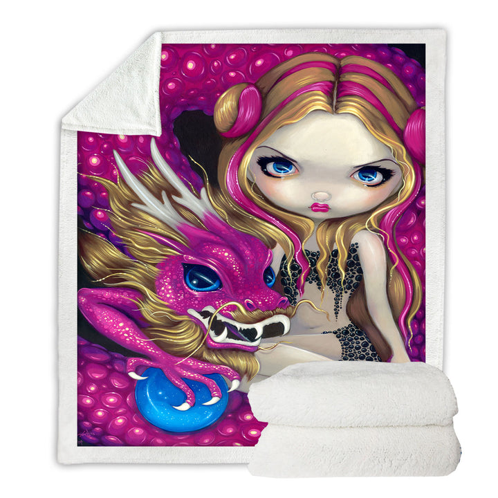 Shimmering Pink Dragon and Beautiful Big Eyed Girl Throws