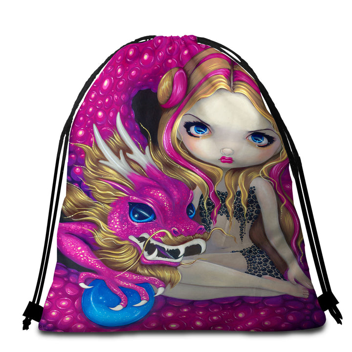 Shimmering Pink Dragon and Beautiful Big Eyed Girl Travel Beach Towel