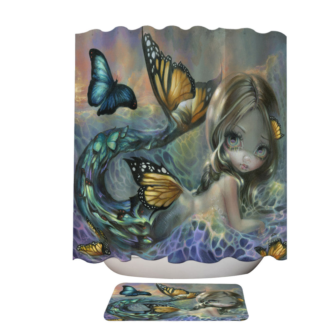 Shower Curtains of Mermaid and Butterflies Fantasy Painting Sea Monarch