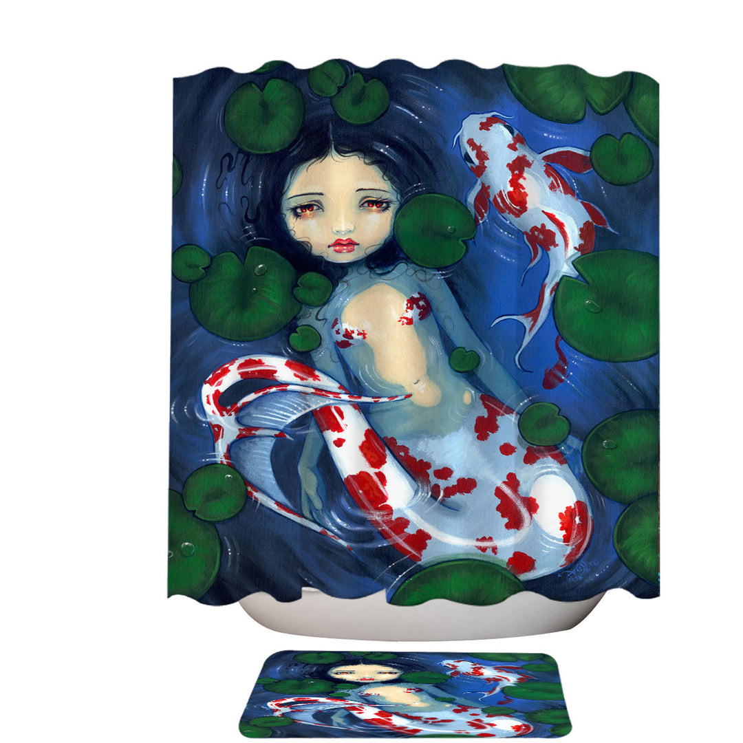 Shower Curtains with Japanese Garden Lily Pads and Koi Pond Mermaid