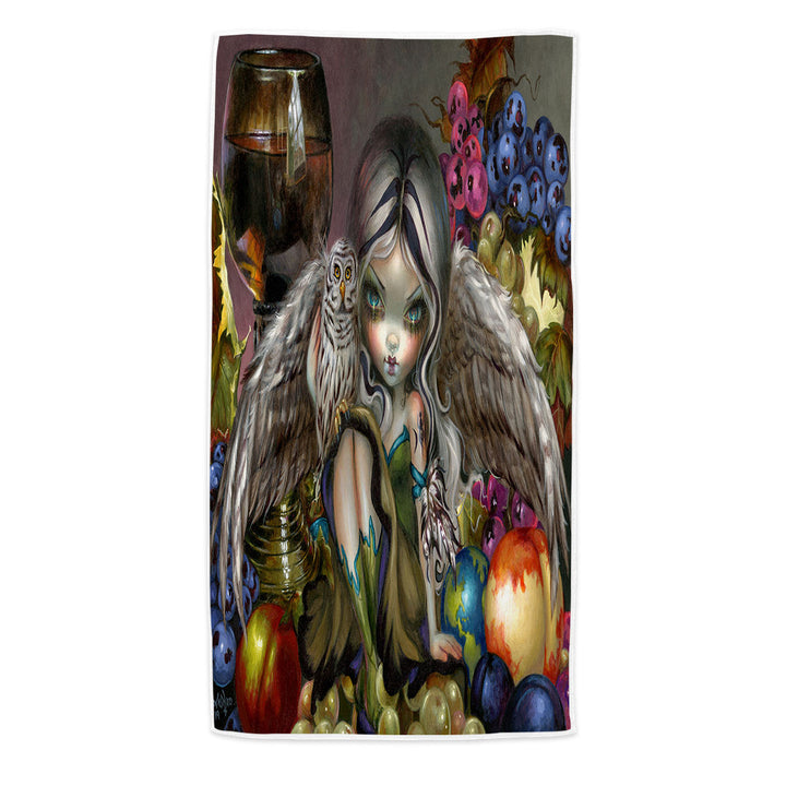 Silent Wisdom Owl Angel Wine and Fruits Beach Towel