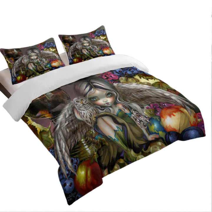 Silent Wisdom Owl Angel Wine and Fruits California King Duvet Cover