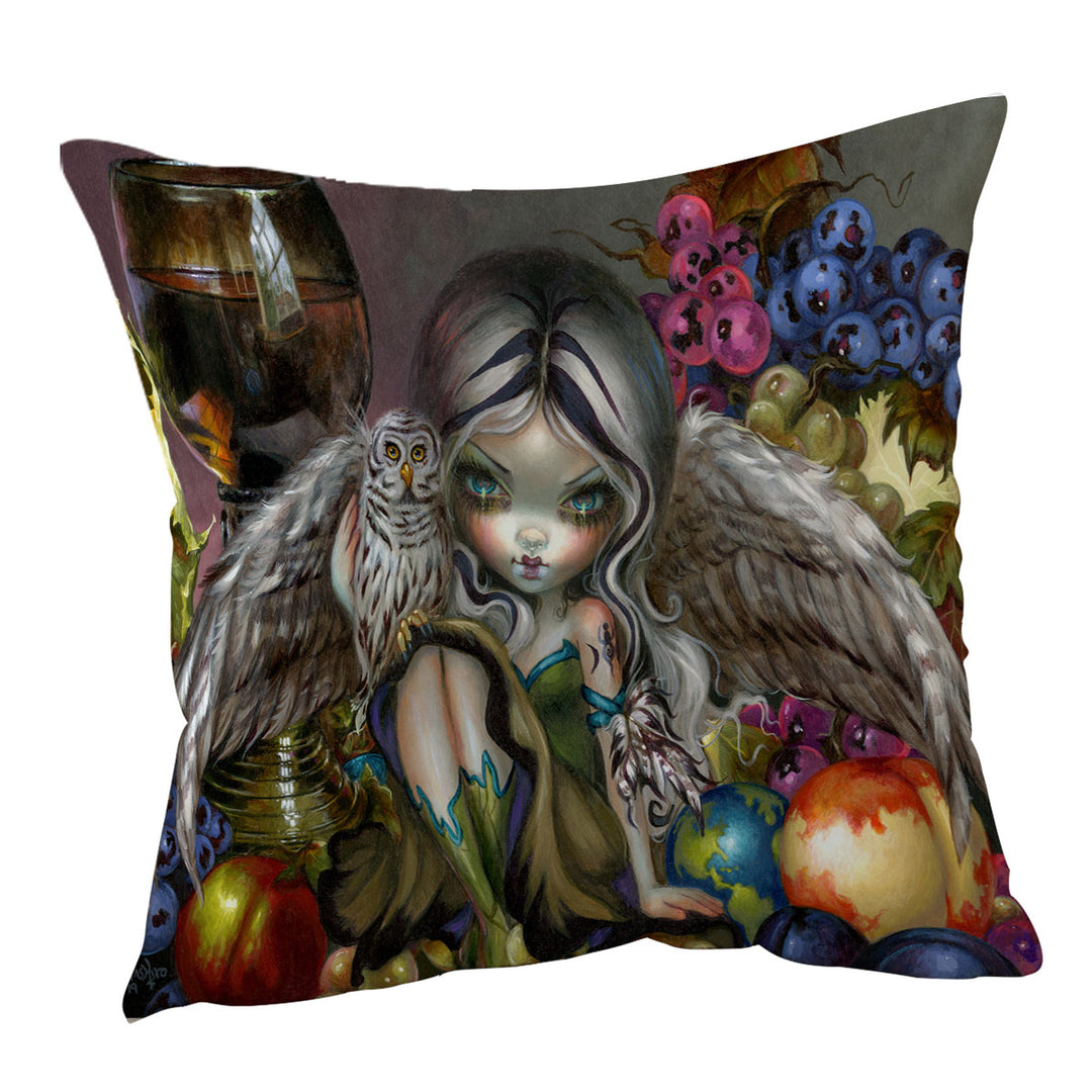 Silent Wisdom Owl Angel Wine and Fruits Cushion Cover