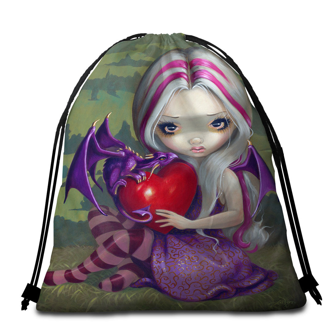 Silver Pink Haired Fairy With Cute Valentine Dragon Beach Towel Bags