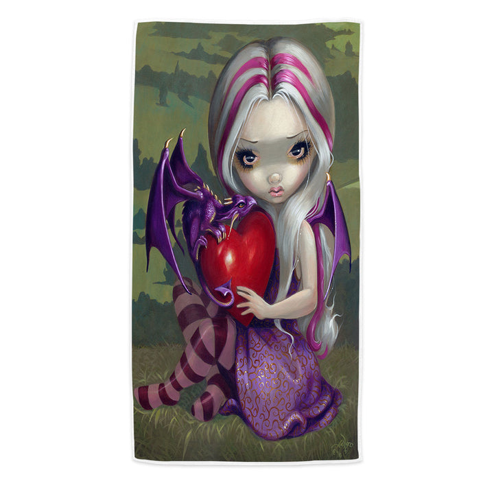 Silver Pink Haired Fairy With Cute Valentine Dragon Beach Towel