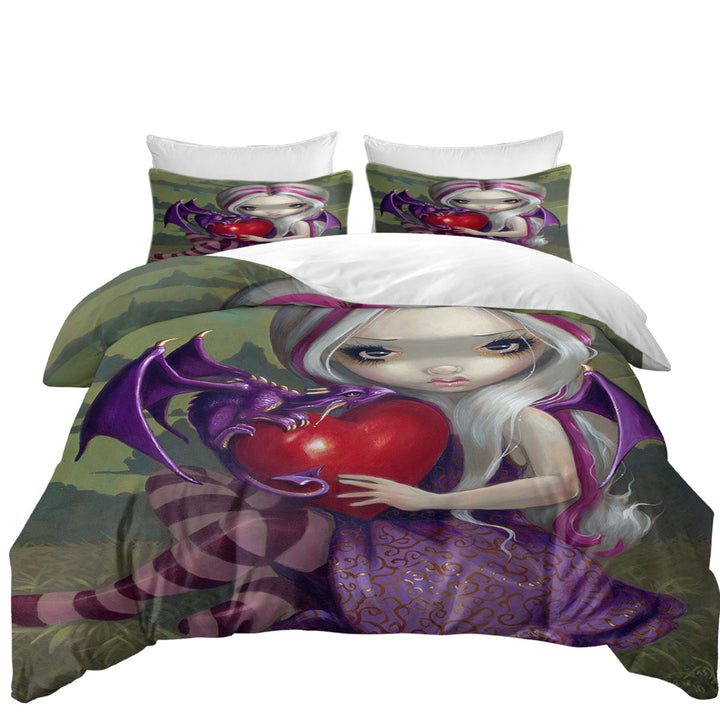 Silver Pink Haired Fairy With Cute Valentine Dragon California King Duvet Cover