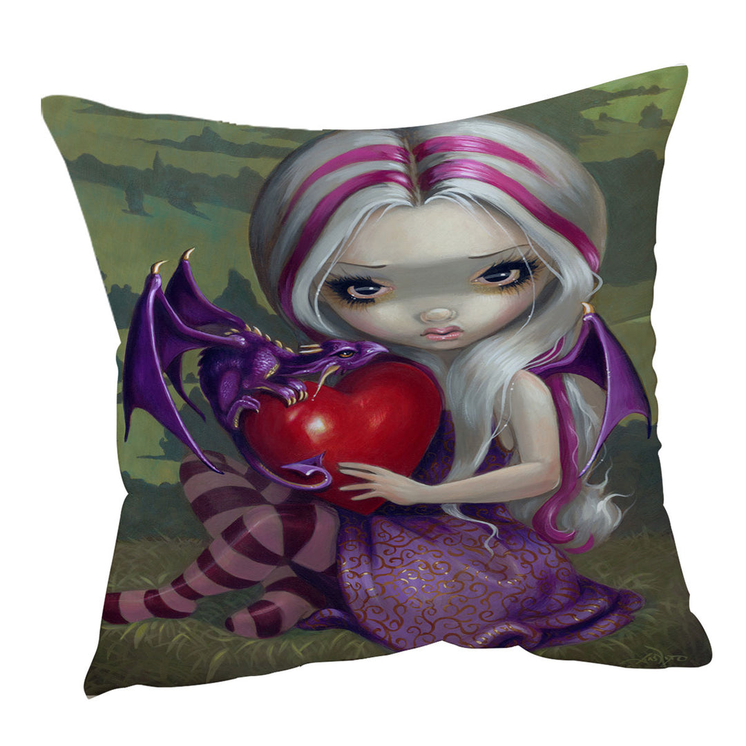 Silver Pink Haired Fairy With Cute Valentine Dragon Cushion Cover