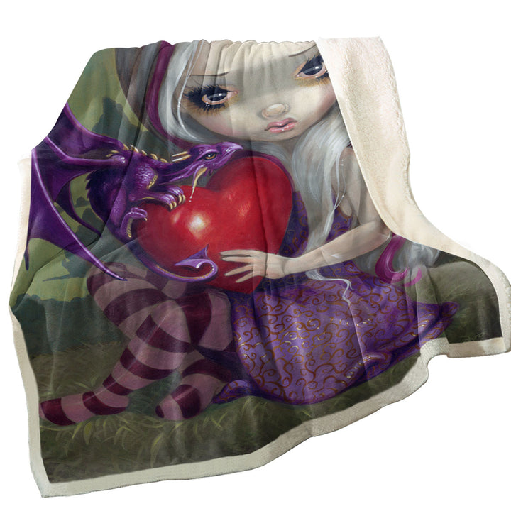 Silver Pink Haired Fairy With Cute Valentine Dragon Throw Blanket