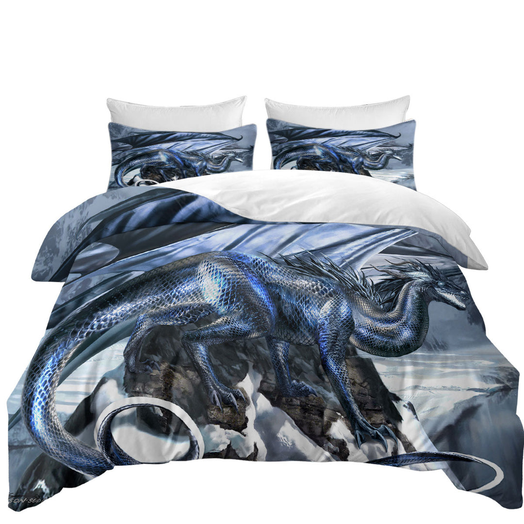 Silverblood Dragon on a Snowy Mountain California King Duvet Cover