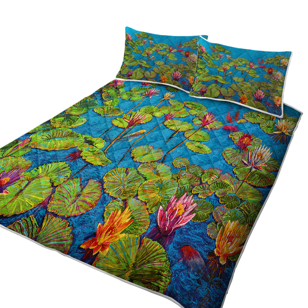 Six Koi Fish in Water Lily Pond Coverlet