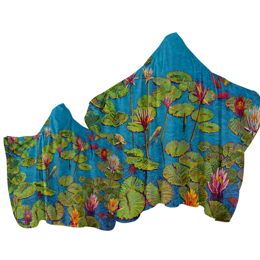 Six Koi Fish in Water Lily Pond Hooded Beach Towel