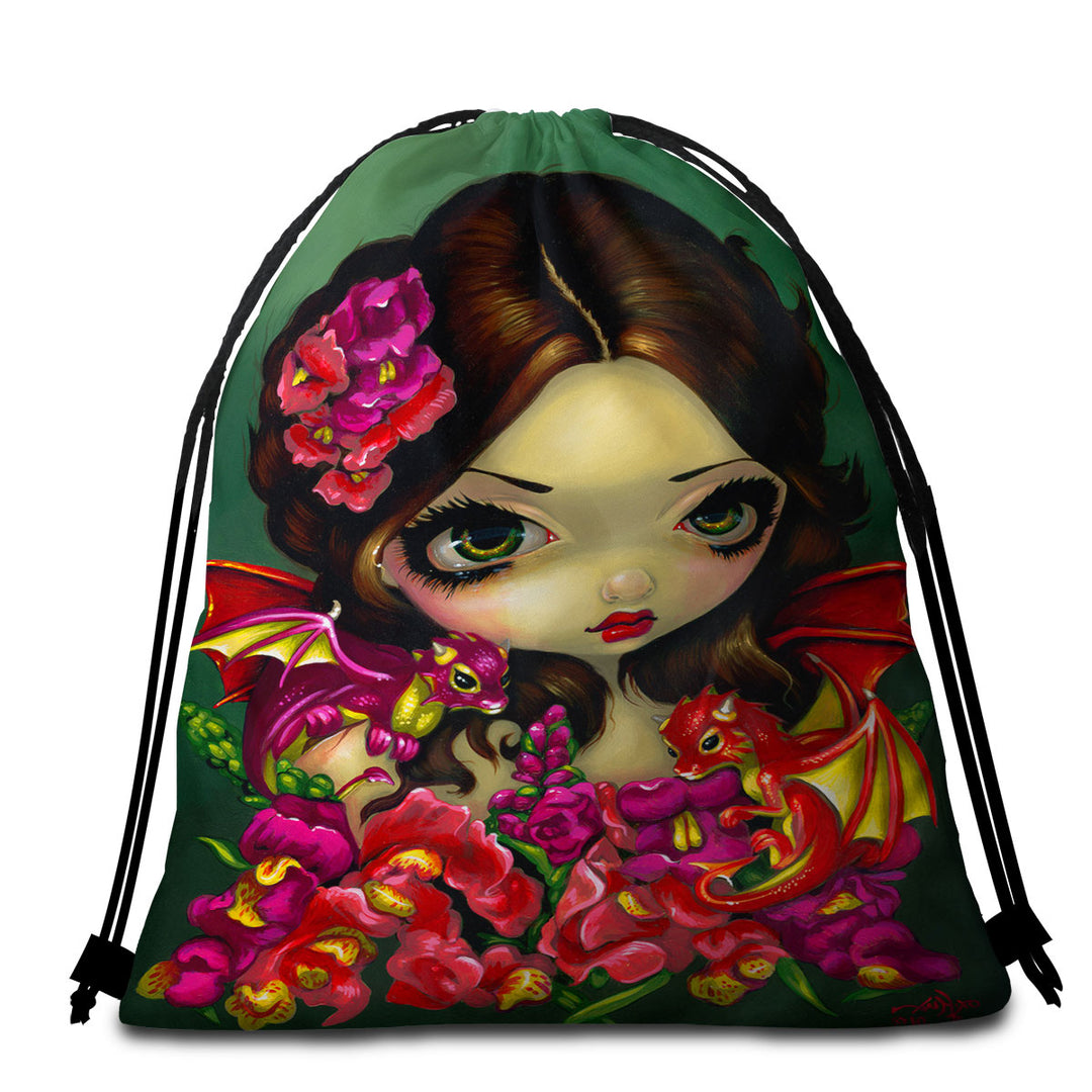 Snapdragon Flowers Fairy and Her Dragonlings Beach Towels and Bags Set