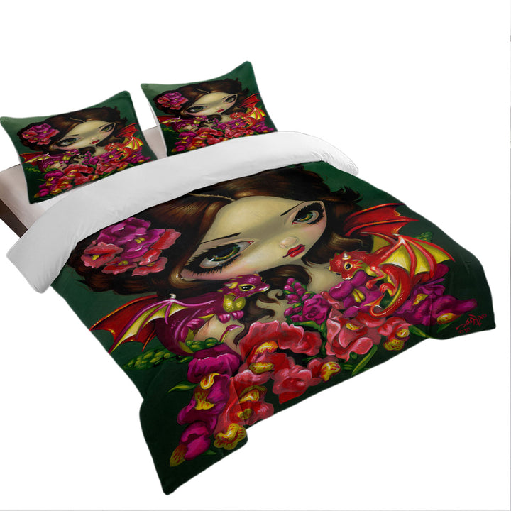 Snapdragon Flowers Fairy and Her Dragonlings Duvet Cover set