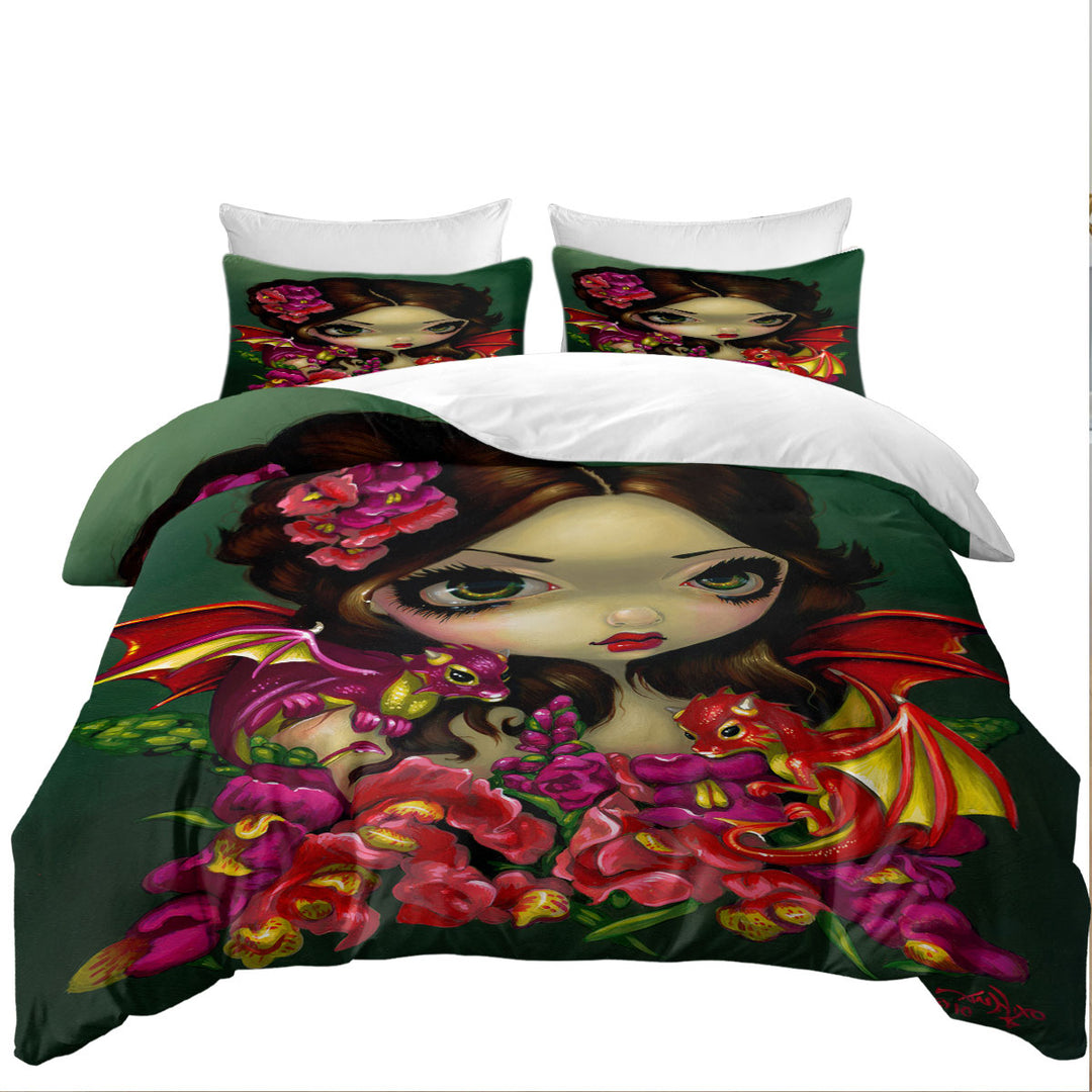 Snapdragon Flowers Fairy and Her Dragonlings full Size Duvet Cover