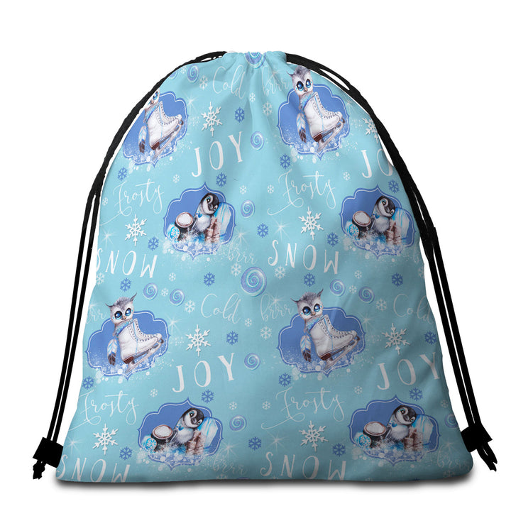 Snowflakes Winter Owl Penguin Pattern Beach Bags and Towels