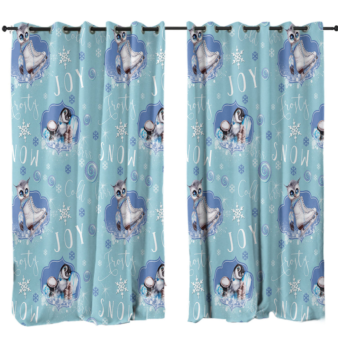 Snowflakes Winter Owl Penguin Pattern Curtain