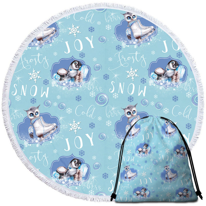 Snowflakes Winter Owl Penguin Pattern Round Beach Towel