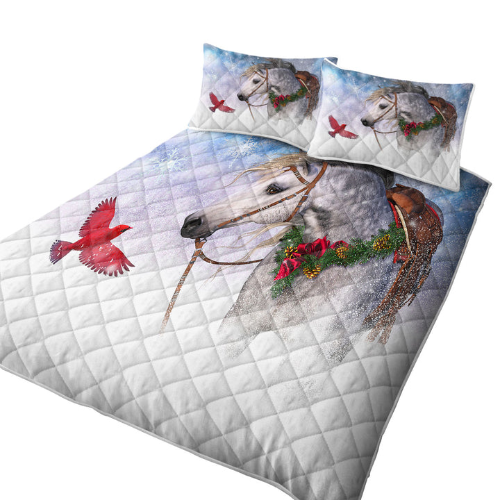 Snowy Christmas with Red Bird and White Horse Coverlet