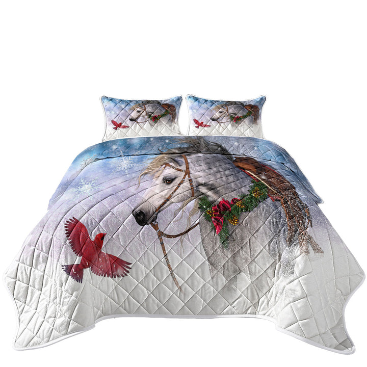 Snowy Christmas with Red Bird and White Horse King Size Quilt