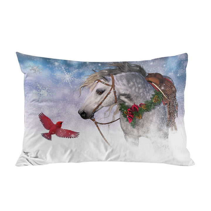 Snowy Christmas with Red Bird and White Horse Pillow Cases