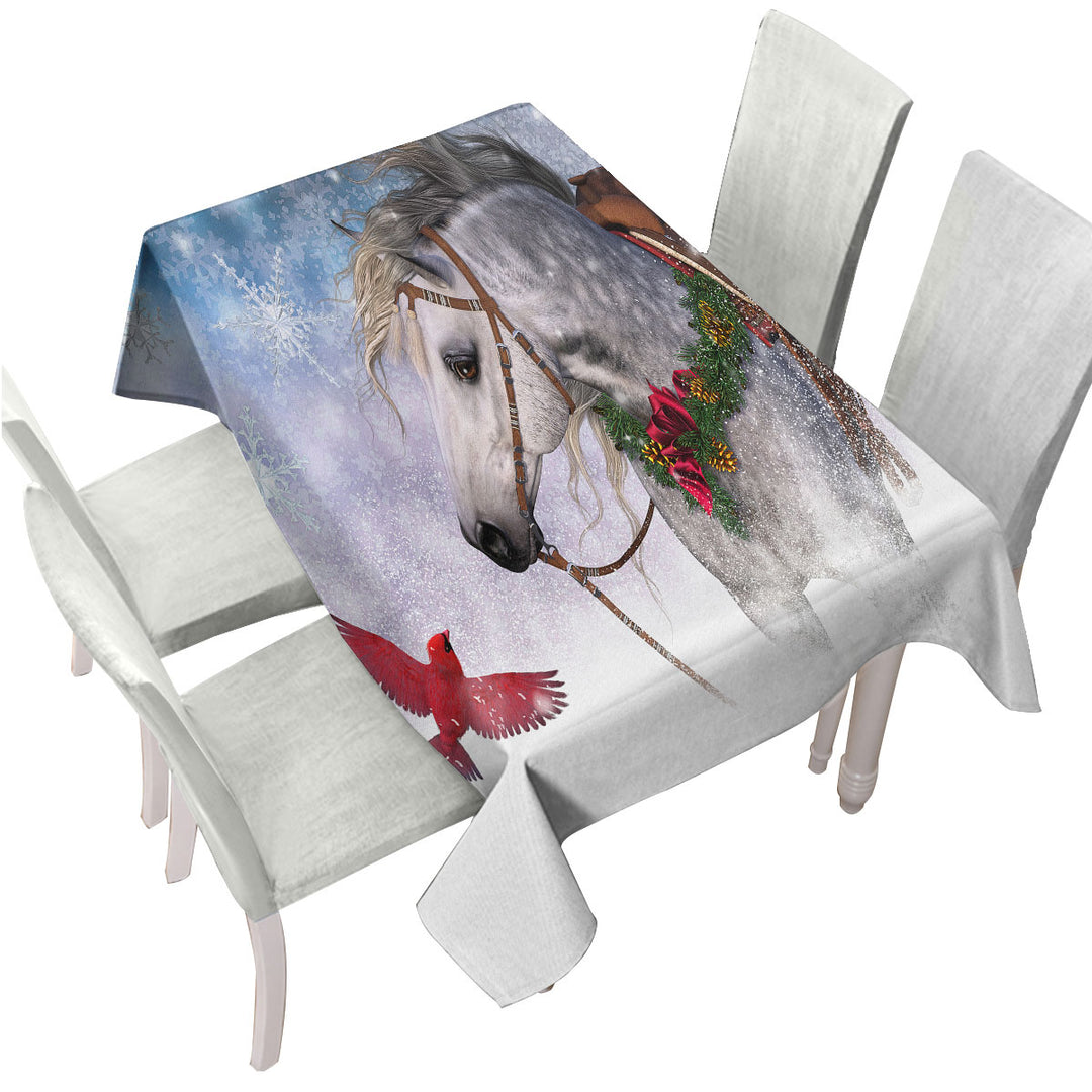 Snowy Christmas with Red Bird and White Horse Tablecloths